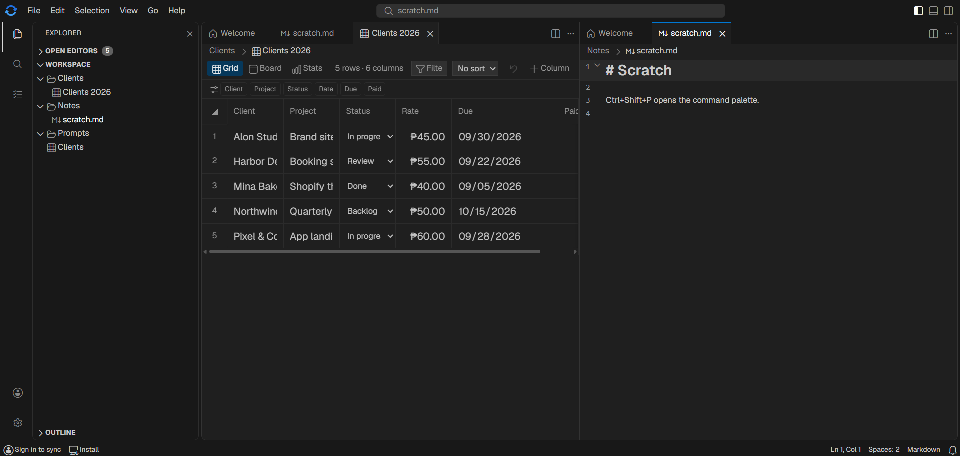 The rieSync workbench: explorer, a markdown note, and a client table side by side